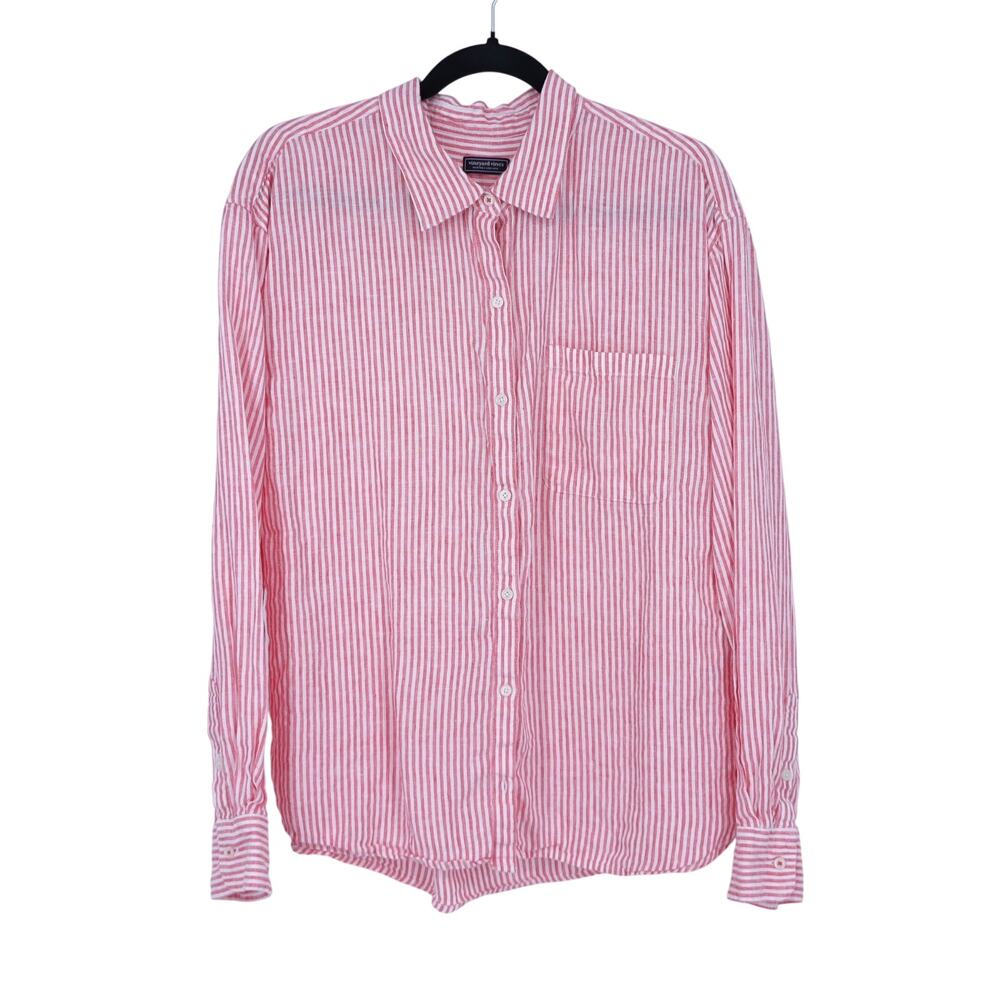 Vineyard Vines Linen Button Up Shirt Pink White Stripe Long Sleeve Women's L